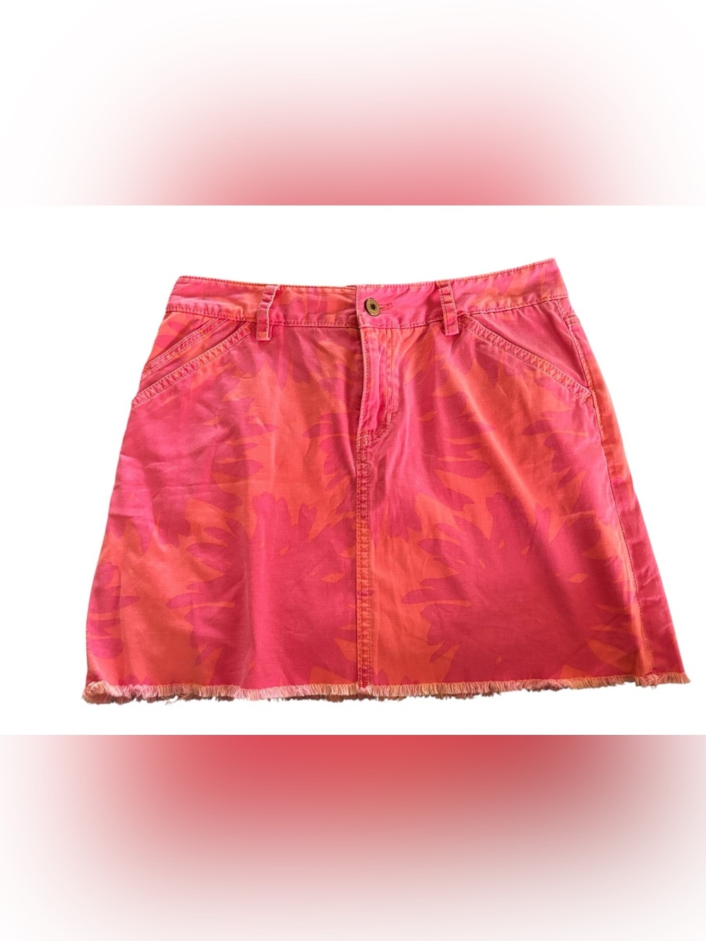 VTG Y2K Gap Jeans Pink Floral Hibiscus Floral Mini Skirt Sz 6 Fringe Hem Stretch